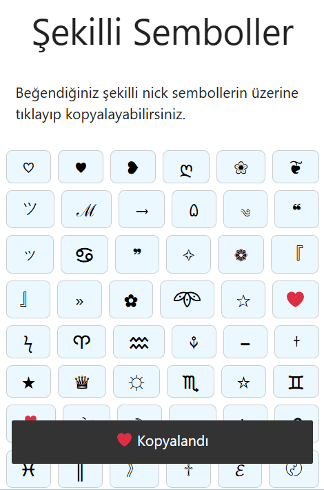 sembol kopyalamak için üzerine tıkla
